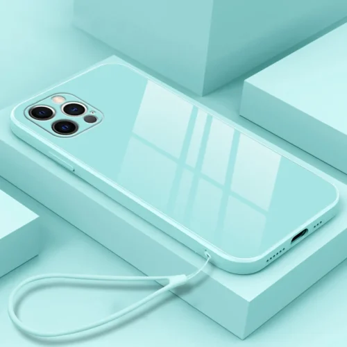 Luxury Square Liquid Tempered Glass Phone Case For iPhone 17 16 15 14 13 12 11 Pro Max Plus Ultra-thin Lanyard Silicone Cover