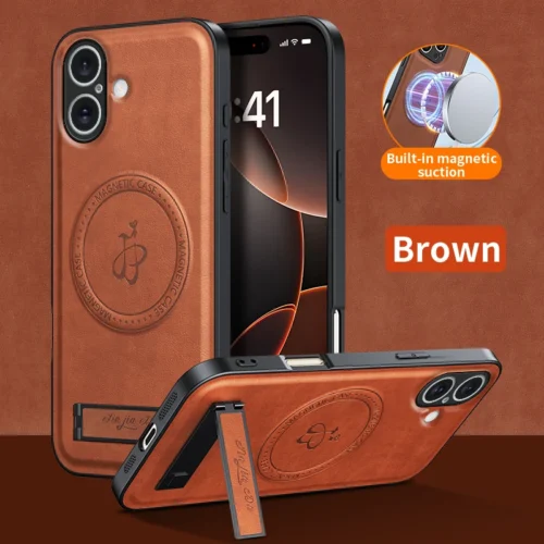 Luxury Magnetic Wireless Charging Leather Holder Phone Case For iPhone 17 16 15 14 13 12 Pro Max Folding Stand Silicone Cover