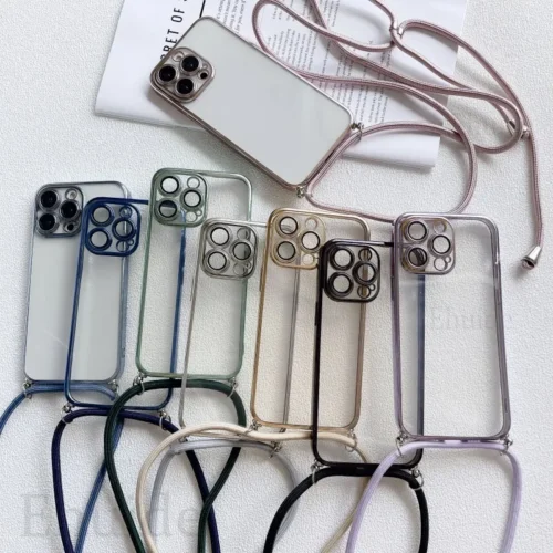 Crossbody Lanyard Plating Case For iPhone 17 16 14 13 12 11 15 Pro Max XS X Plus Clear Camera Protector Soft Shockproof Cover