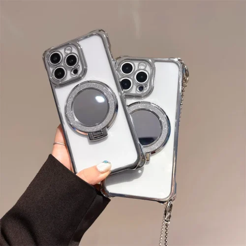Luxury Bling Mirror Holder Lanyard Phone Case For iPhone 17 16 15 14 13 12 11 Pro Max Plus Metal Necklace Stand Shockproof Cover
