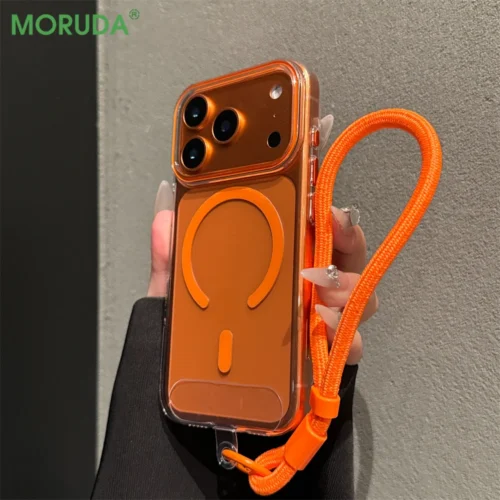 Ultra Thin Transparent Magnetic Wrist Strap Case For iPhone 14 15 16 17 Pro Max 17Air PC Acrylic Mixed Armor for Magsafe Cover