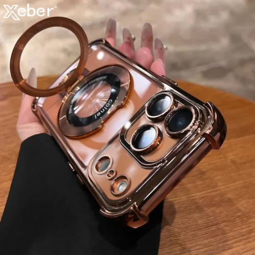 Luxury Plating Magnetic Bracket for Magsafe Clear Case for iPhone 17 16 15 Pro Max 11 12 13 14 Holder Stand Shockproof Cover