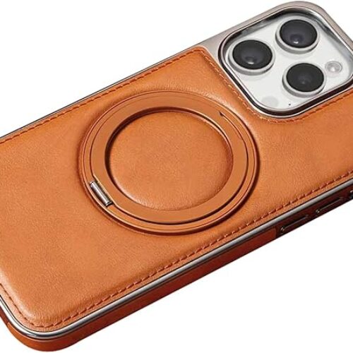Magnetic Case for iPhone 16 Pro Max/16 Pro/16 Plus/16, Leather Electroplated Case with Rotation Ring Holder Business Phone Cover,Black,16 Pro