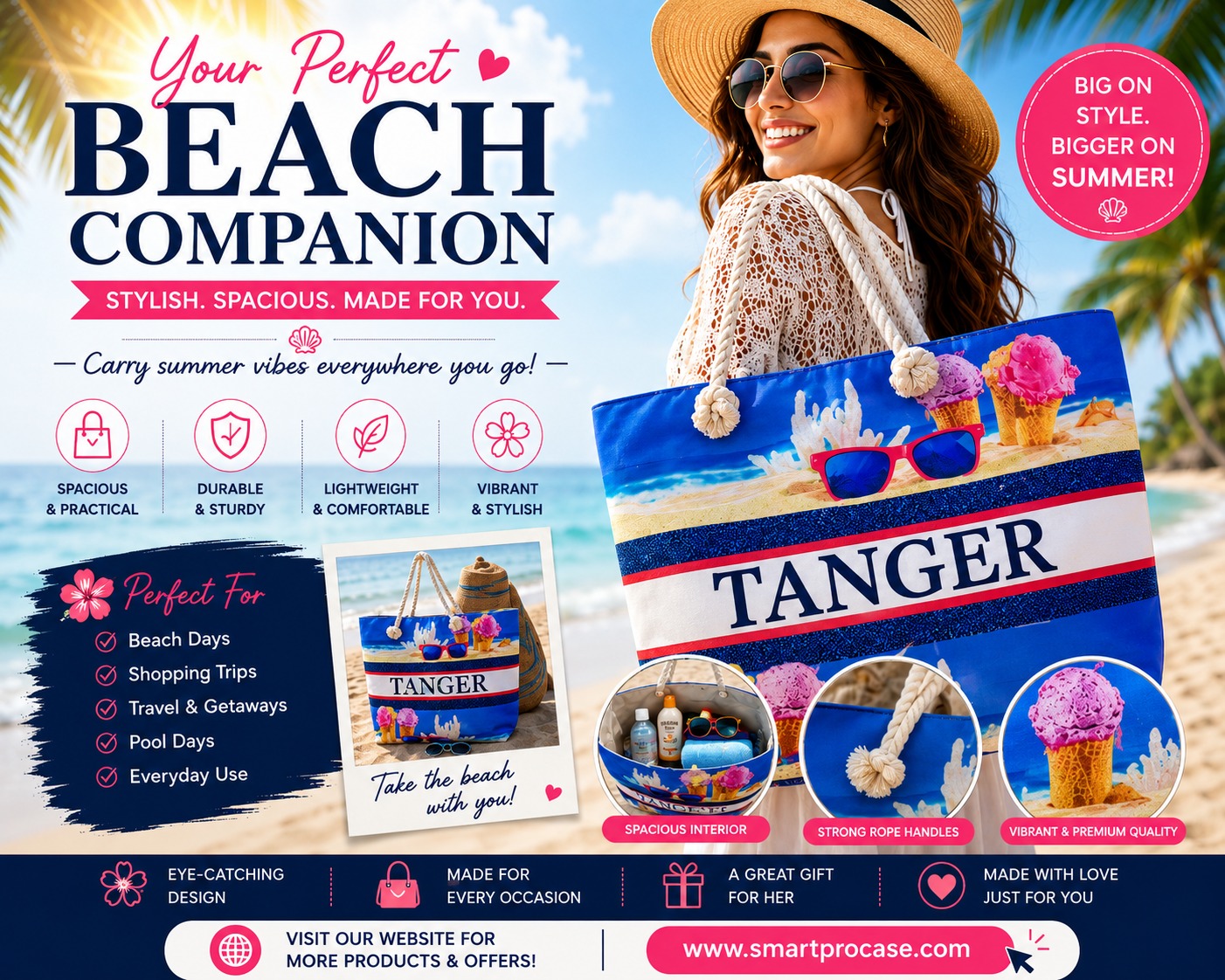 ✨ Le Sac d’Été Parfait ✨ Stylieux, spacieux et conçu pour toutes vos aventures ! Que ce soit pour la plage, le shopping, les voyages ou les sorties ensoleillées, ce sac est votre compagnon idéal au quotidien.