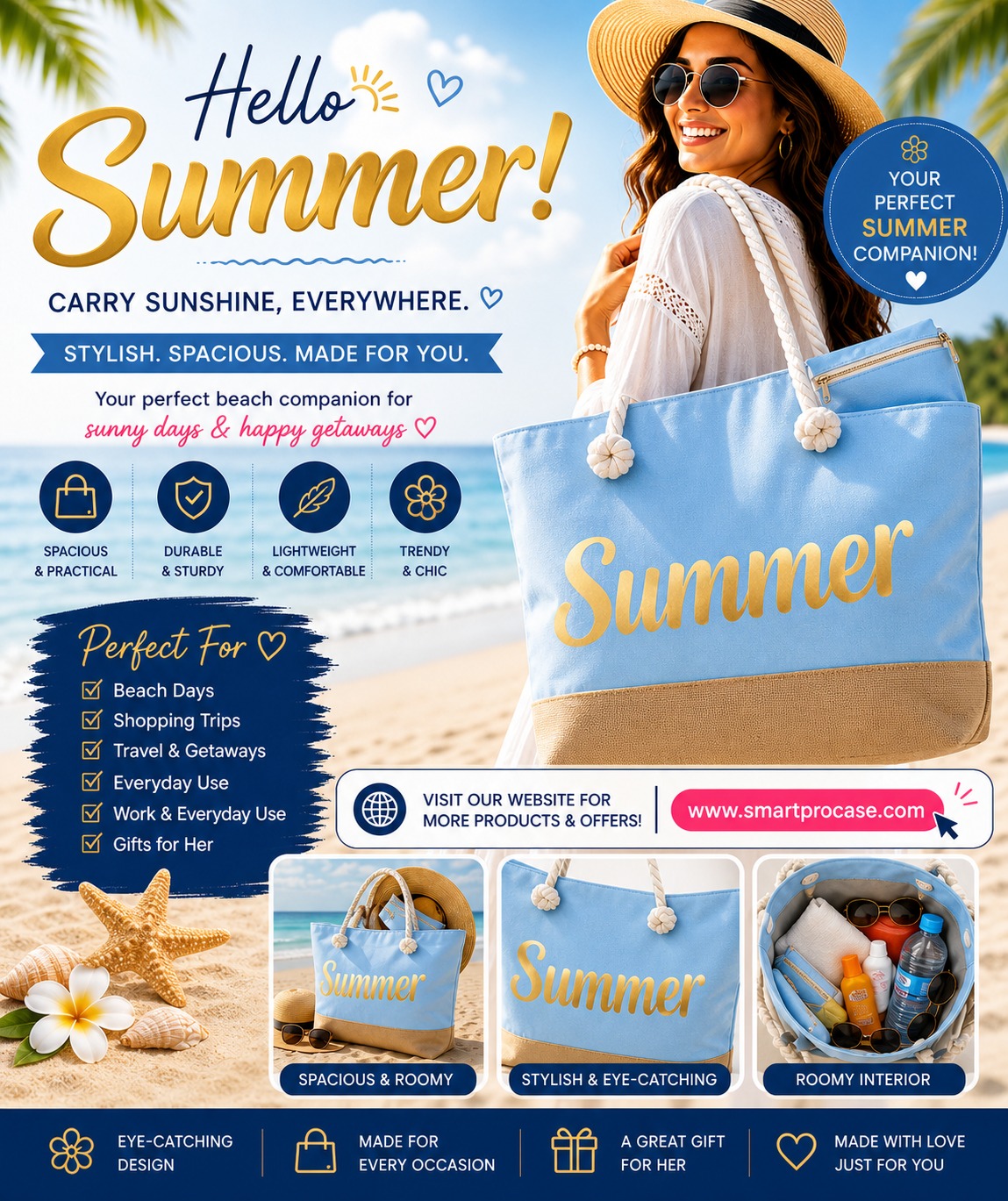 ✨ Le Sac d’Été Parfait ✨ Stylieux, spacieux et conçu pour toutes vos aventures ! Que ce soit pour la plage, le shopping, les voyages ou les sorties ensoleillées, ce sac est votre compagnon idéal au quotidien.