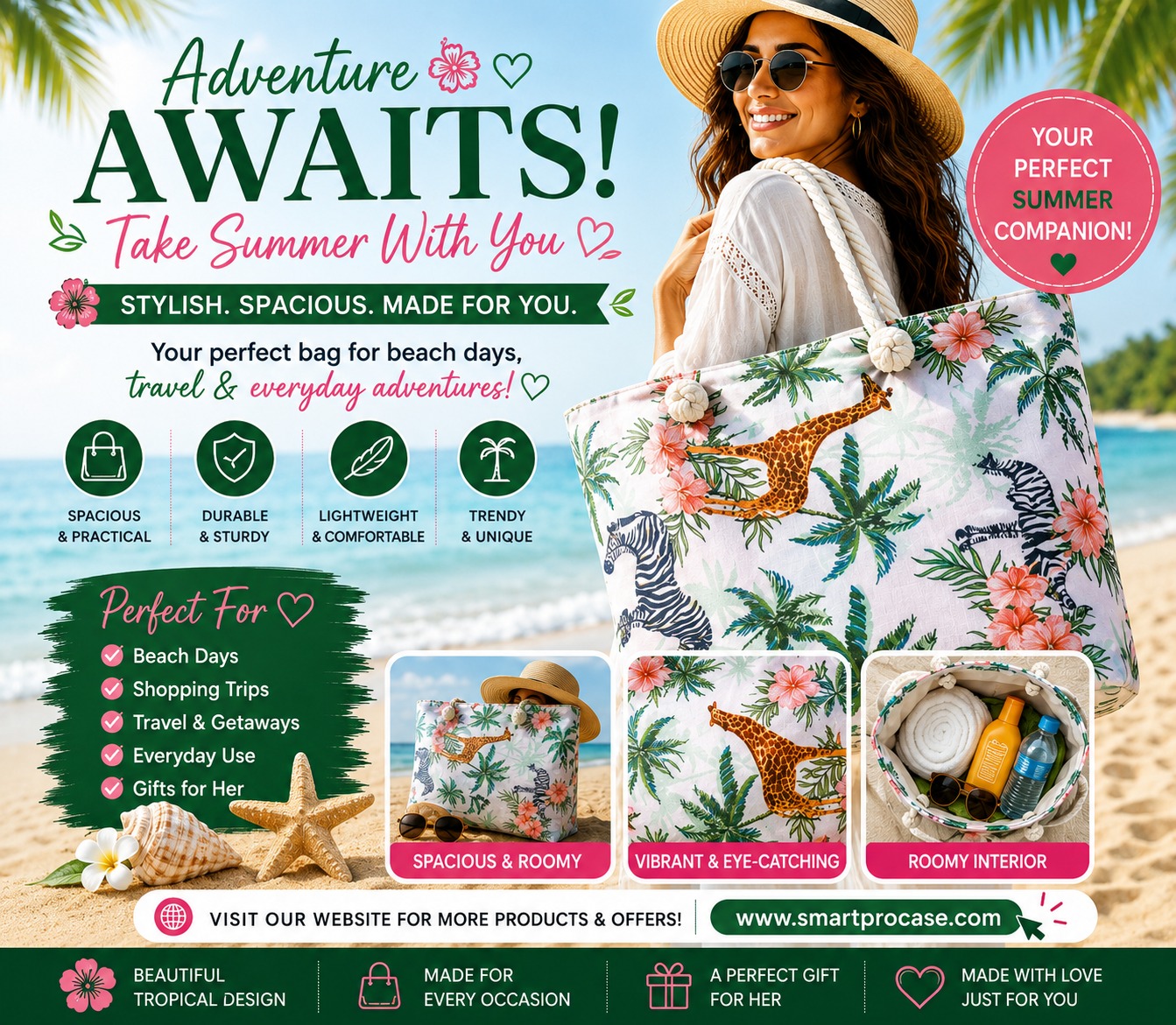 ✨ Le Sac d’Été Parfait ✨ Stylieux, spacieux et conçu pour toutes vos aventures ! Que ce soit pour la plage, le shopping, les voyages ou les sorties ensoleillées, ce sac est votre compagnon idéal au quotidien.