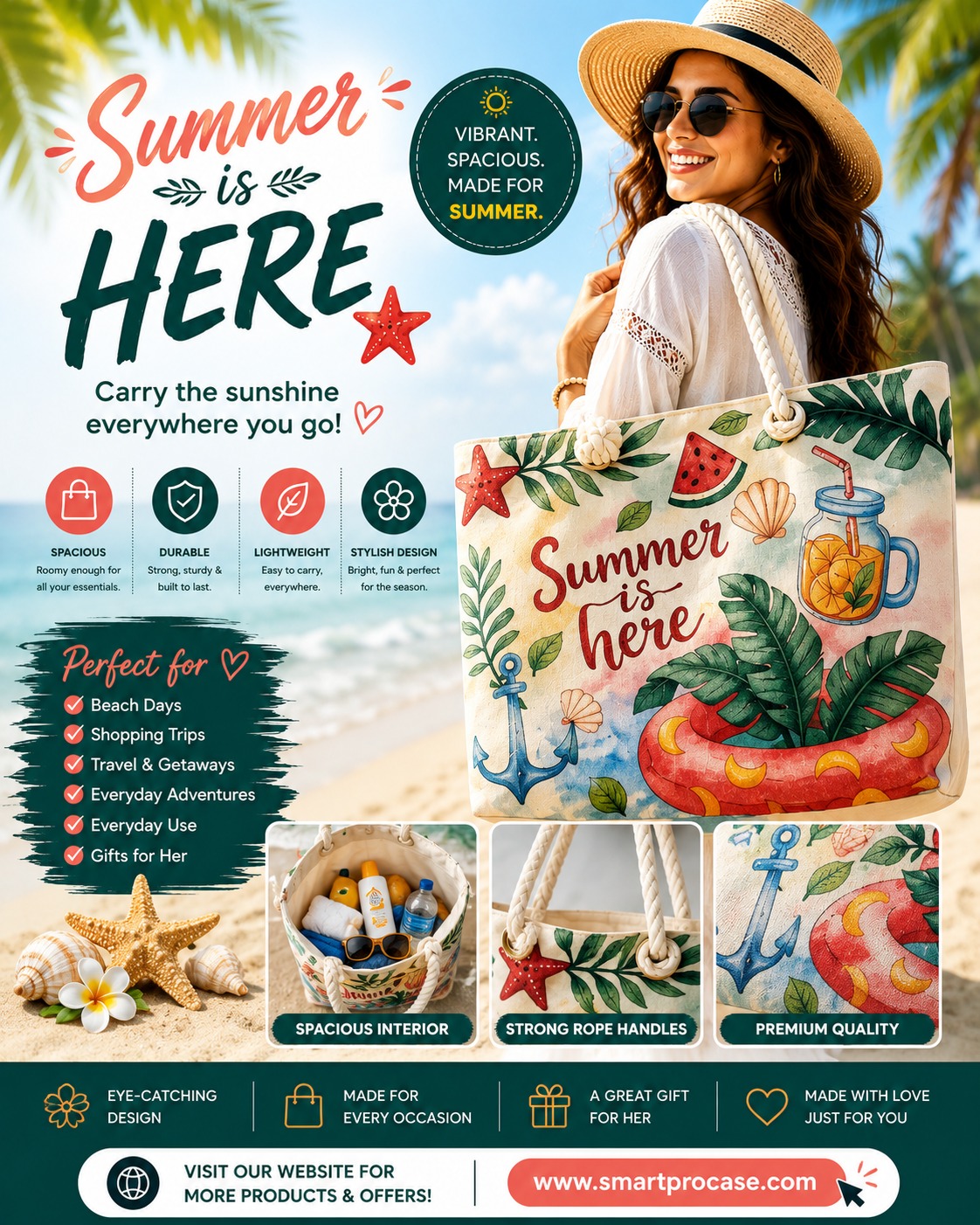 ✨ Le Sac d’Été Parfait ✨ Stylieux, spacieux et conçu pour toutes vos aventures ! Que ce soit pour la plage, le shopping, les voyages ou les sorties ensoleillées, ce sac est votre compagnon idéal au quotidien.