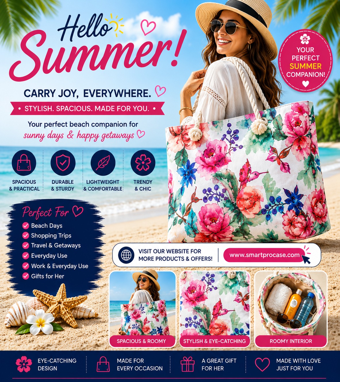 ✨ Le Sac d’Été Parfait ✨ Stylieux, spacieux et conçu pour toutes vos aventures ! Que ce soit pour la plage, le shopping, les voyages ou les sorties ensoleillées, ce sac est votre compagnon idéal au quotidien.