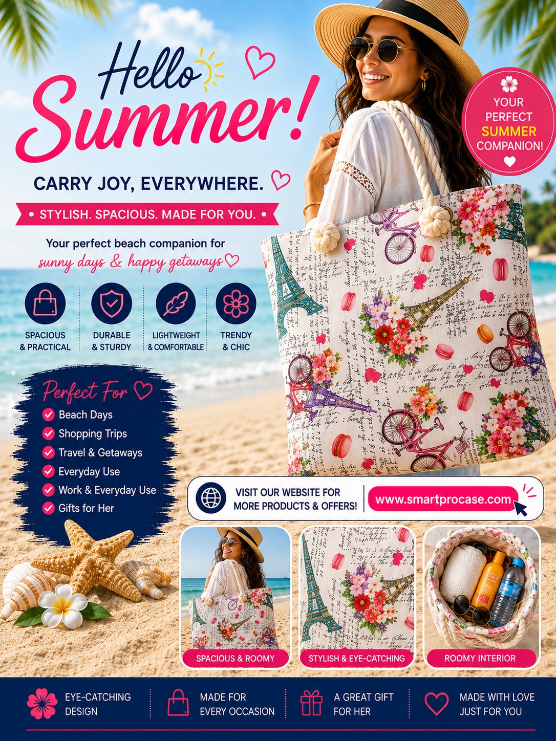 ✨ Le Sac d’Été Parfait ✨ Stylieux, spacieux et conçu pour toutes vos aventures ! Que ce soit pour la plage, le shopping, les voyages ou les sorties ensoleillées, ce sac est votre compagnon idéal au quotidien.