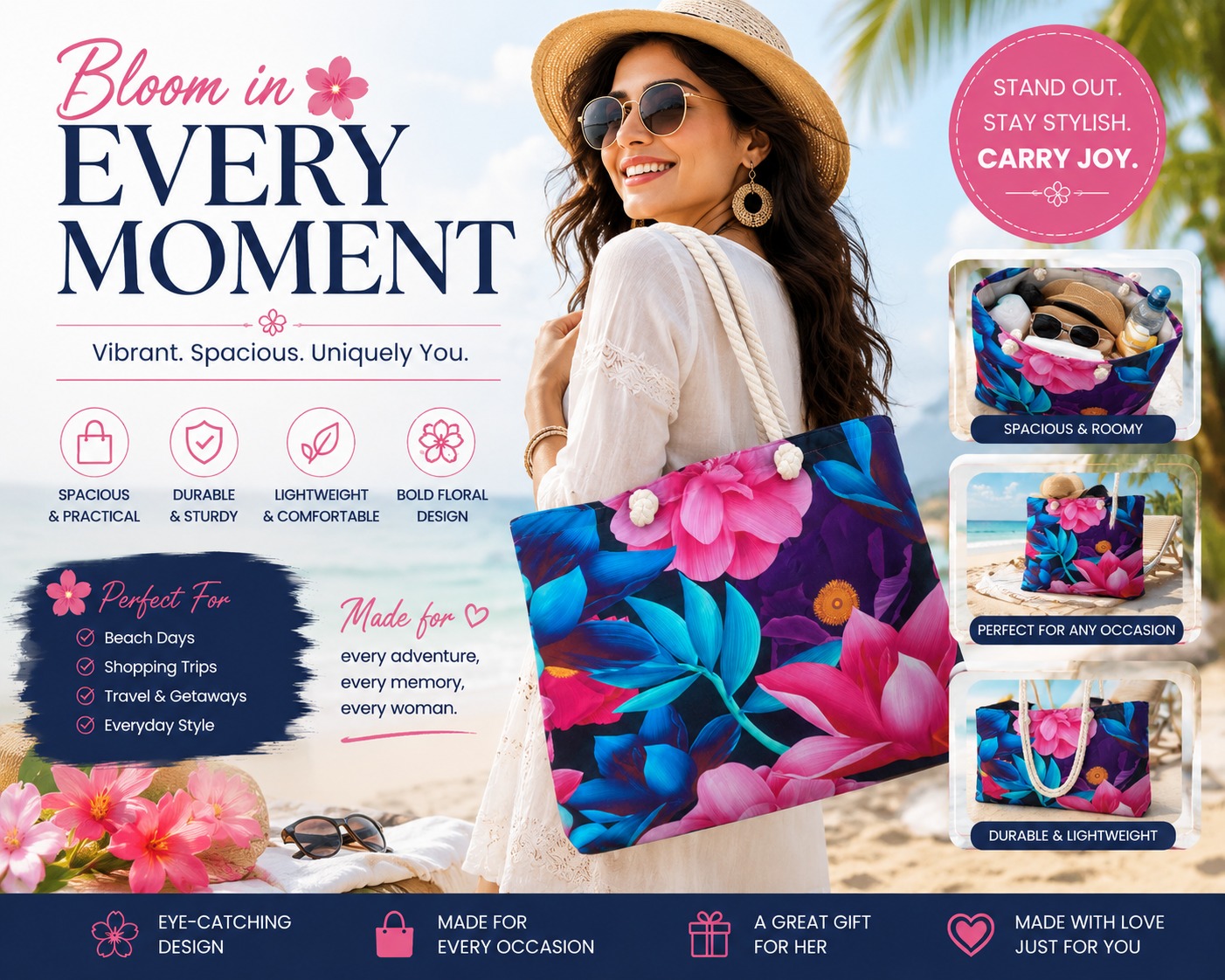 ✨ Le Sac d’Été Parfait ✨ Stylieux, spacieux et conçu pour toutes vos aventures ! Que ce soit pour la plage, le shopping, les voyages ou les sorties ensoleillées, ce sac est votre compagnon idéal au quotidien