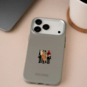 IPhone 17 Pro Max Santa Barbara leather case with cartoon characters.