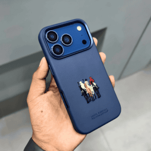 Blue leather iPhone 17 Pro Max with Santa Barbara polo team logo.