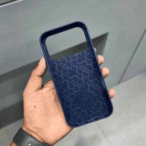 Blue leather iPhone 17 Pro Max case with Magsafe compatibility.