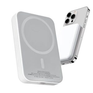 Wireless MagSafe power bank attached to iPhone with magnetic connection.