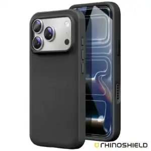 Black matte silicone case for iPhone 17 Pro Max with camera protection.