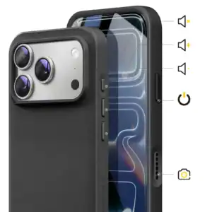 Black silicone protective case for iPhone 17 Pro Max with camera cutout.