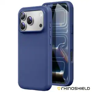 Blue silicone shockproof case for iPhone 17 Pro Max with camera protection.