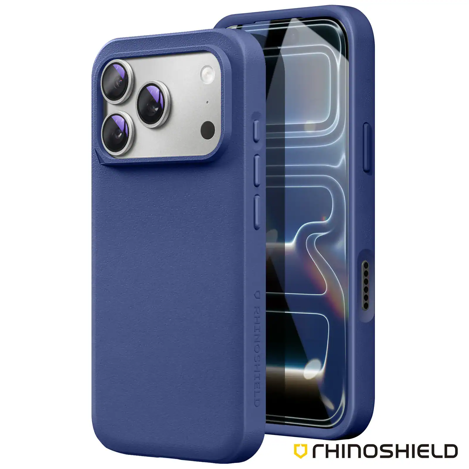 Blue silicone shockproof case for iPhone 17 Pro Max with camera protection.