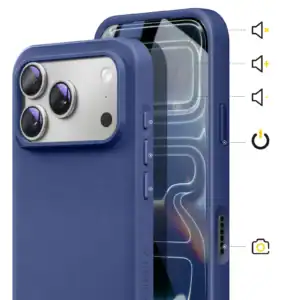Blue silicone protective case for iPhone 17 Pro Max with camera cutout.