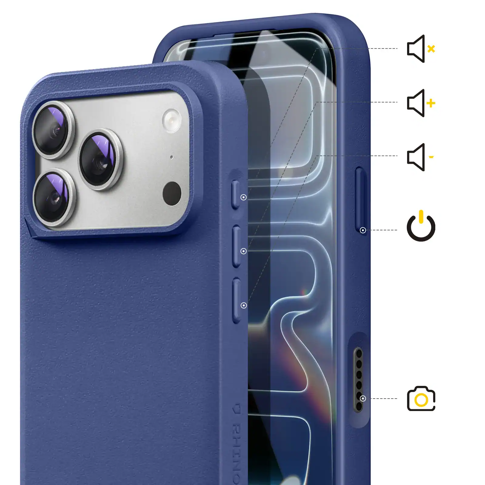 Blue silicone protective case for iPhone 17 Pro Max with camera cutout.