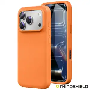 Orange silicone shockproof case for iPhone 17 Pro Max with camera protection.