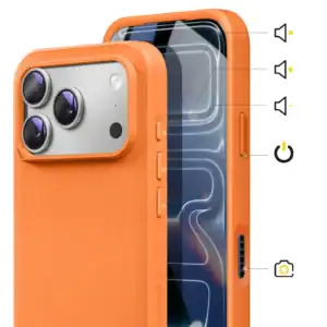 Orange silicone protective case for iPhone 17 Pro Max with camera cutout and buttons.