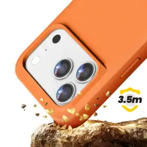 Orange silicone protective case for iPhone 17 Pro Max with camera cutout.