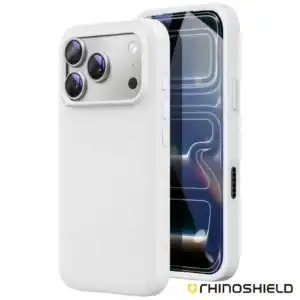 White silicone protective case for iPhone 17 Pro Max with camera cutouts.