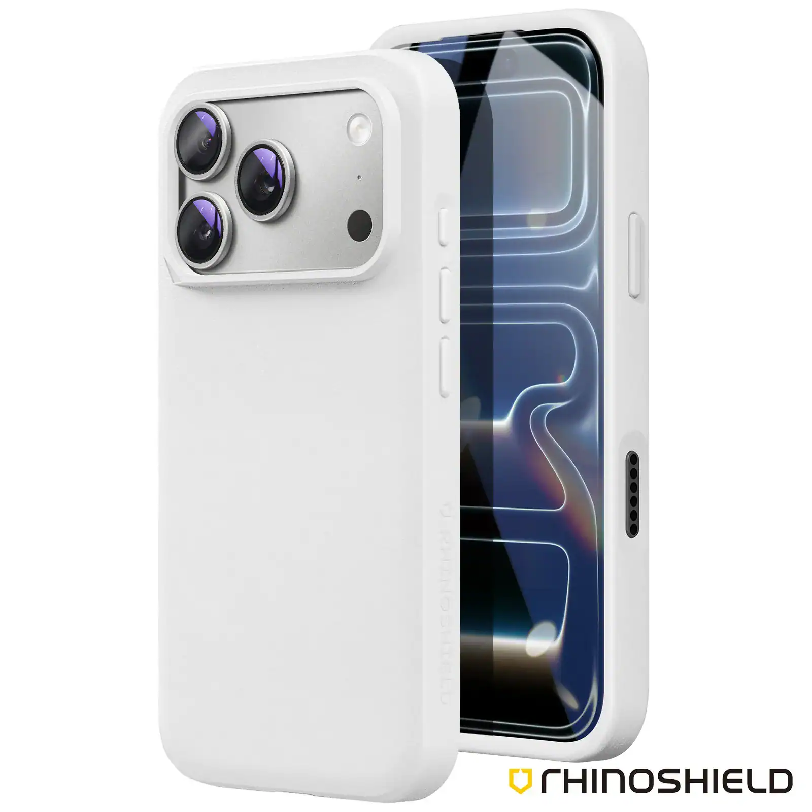 White silicone protective case for iPhone 17 Pro Max with camera cutouts.