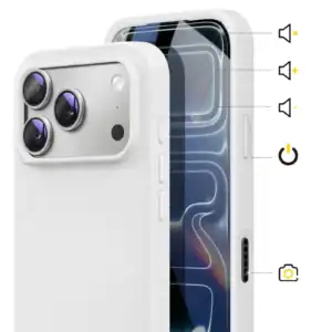 White silicone protective case for iPhone 17 Pro Max with camera opening.