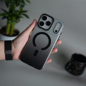 Orange iPhone 17 Pro case with hanging rope bracket and AI buttons.