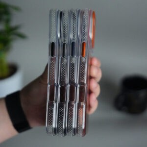 Set of transparent iPhone 17 Pro cases with hanging rope brackets and AI button design.