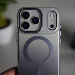 Clear iPhone 17 Pro case with magnetic ring and hanging rope bracket.