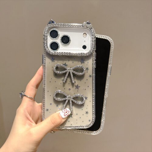 Gradient Phone Case for iPhone 17 18 16 15 14 13promax Double-Sided Rhinestone Cat Ear for iPhone 16 Shockproof Bowknot Protective Cover